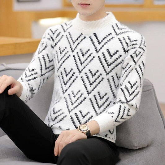 Autumn and Winter Semi High Neck Sweater Men's Korean Imitation Mink Sweater Thickened Youth Bottoming Shirt