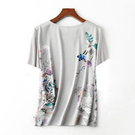 Ice Silk Round Neck Short-sleeved Top Summer Positioning Printing Short-sleeved T-shirt Plus Size Women's Bottoming Shirt