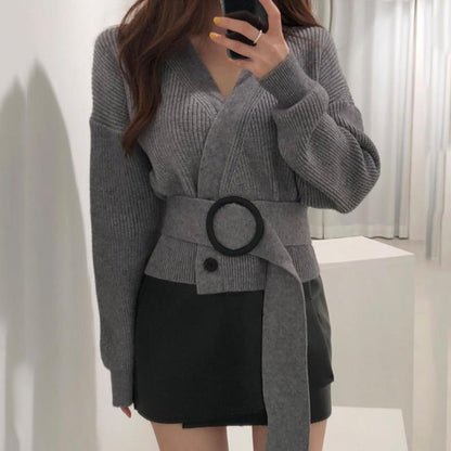 Vintage V-neck Slim Cardigan Sweater Women's Short Loose Knit Sweater Short Cardigan Coat with Belt
