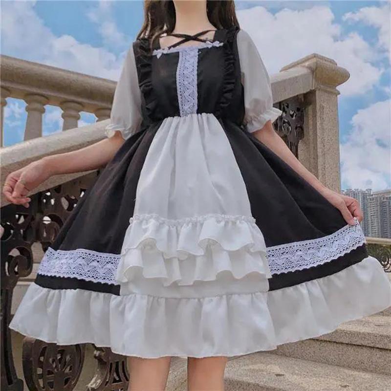 Girl Cosplay Dress Lolita Style Puff Sleeve Bandage Sweet Sailor Collar Lace Dress Kawaii Ruffles Dress