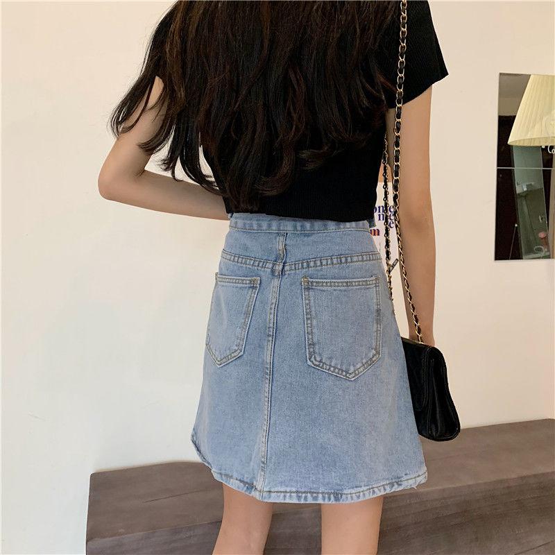 Summer  Version  The High Waist  Thin Bag Hip A-line Skirt Female Student Design Sense Denim Skirt