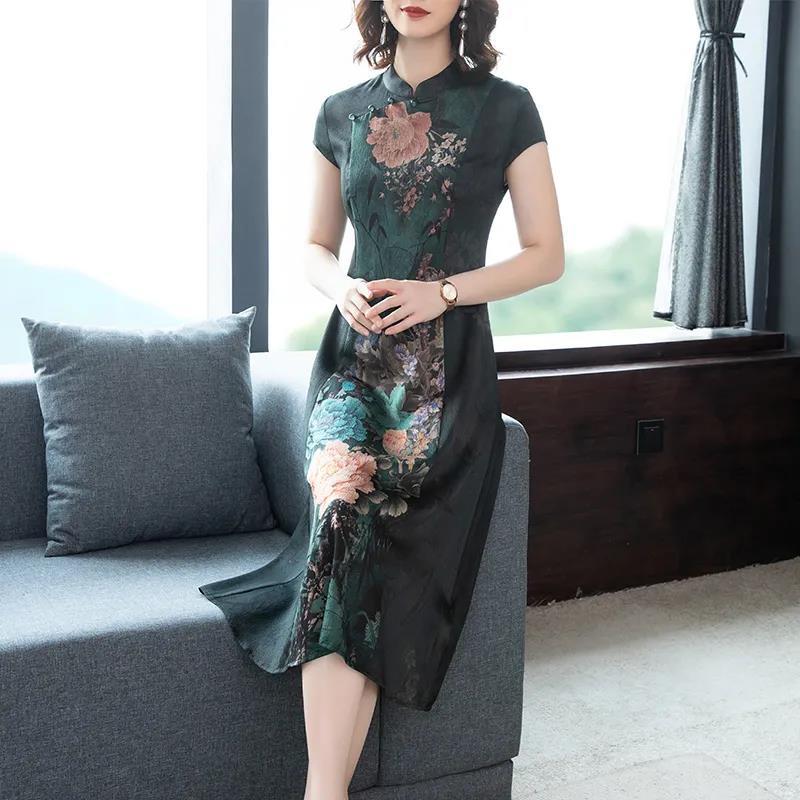 Middle-aged Mother Cheongsam Dress Female Long Summer High-end Retro Cover Belly Chinese Style Simulation Silk Skirt