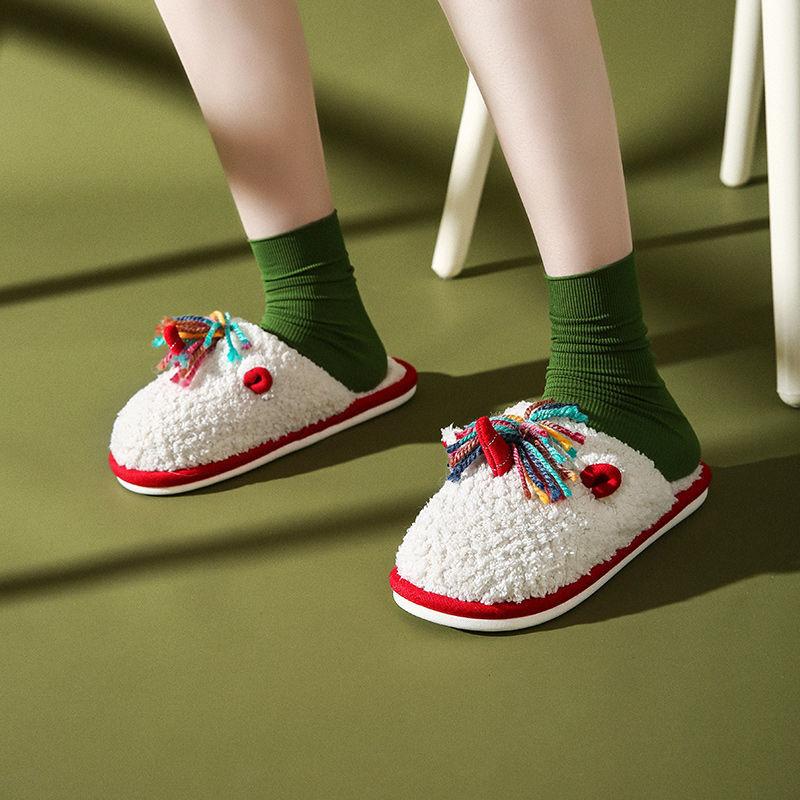 Autumn and Winter Tassel Cotton Slippers Casual Warm Flat Shoes Indoor Non-slip Cotton Shoes Soft Shoes