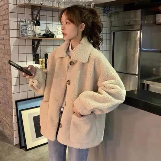 Winter Jacket Women Thick Velvet Korean Imitation Lamb Student Super Fire Loose Wild Plush Velvet Top