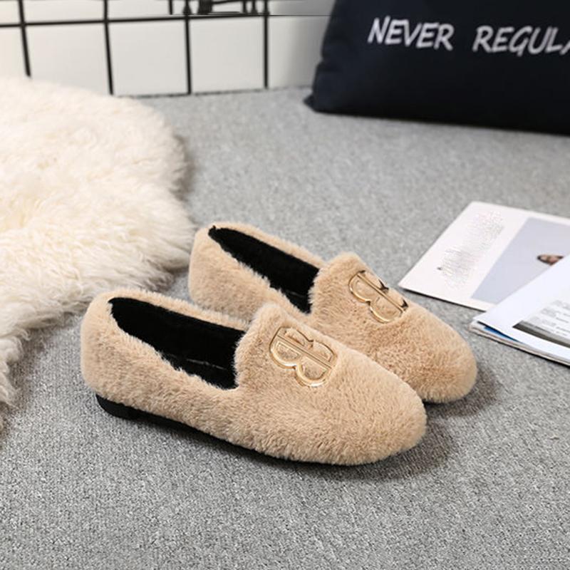 Hairy Shoes Women's Autumn All-match Round-toe Flat-bottomed Comfortable Lazy Casual Pedal Peas Shoes Moccasin Shoes