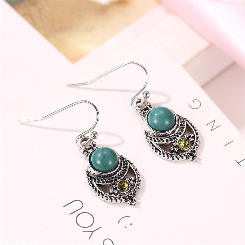 Ear Jewelry Bohemian Style Sub-turquoise Pendant Court Retro Hollow Carved Ear Hook Earrings