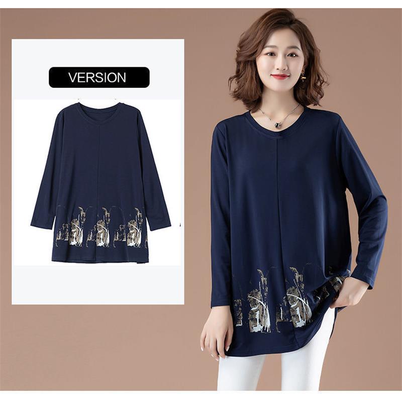Womens Leisure Print T-shirt Long Sleeve Round Neck Blouses Casual Loose Tops Pullover