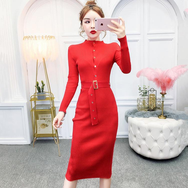 States Winter Half-high Collar Button Knitted Sweater Mid-length Slim Slim Fashion Dress Tide
