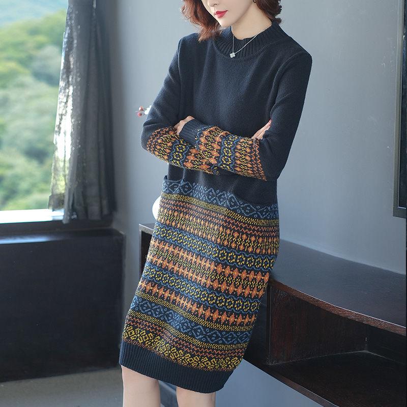 Women's Retro Rhombus Printed Sweater Long Jacquard Knitted Dress Pullover Sweater Dress with Pockets for Bottoming or Outer Wear