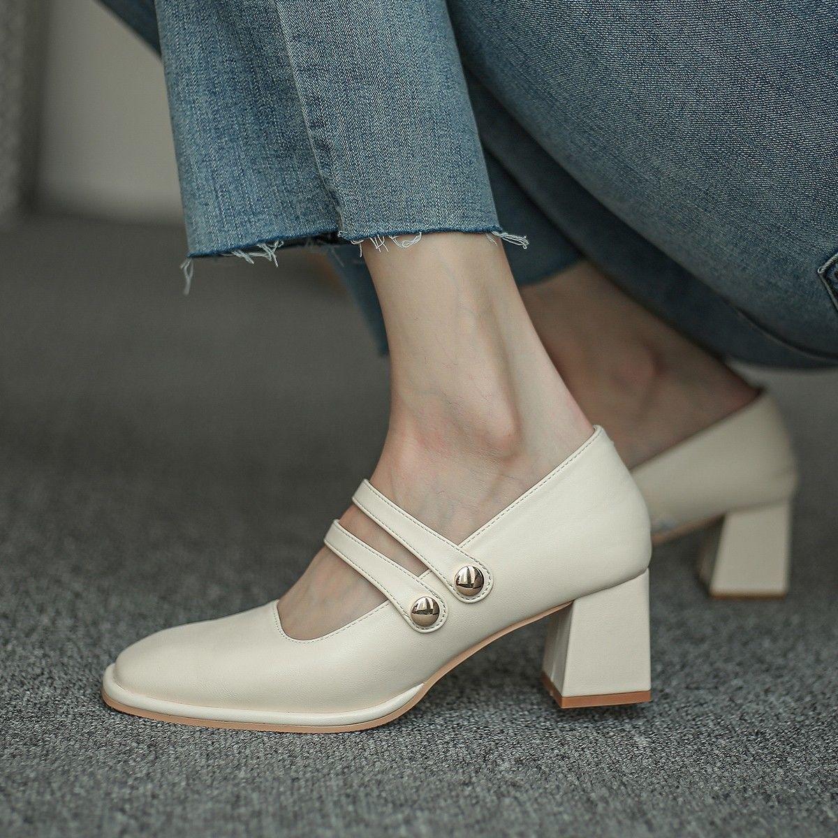 Single Shoes Women's Autumn One-step Thick Heel Casual Sweet Shallow Mouth Square Toe All-match Mary Jane Shoes Women