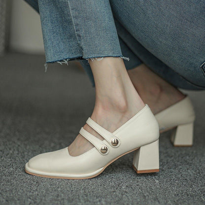 Single Shoes Women's Autumn One-step Thick Heel Casual Sweet Shallow Mouth Square Toe All-match Mary Jane Shoes Women