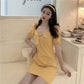 Women's Summer French Elegant Court Bubble Sleeve Short Sleeve Bowknot Square Neck Slim Short Dress