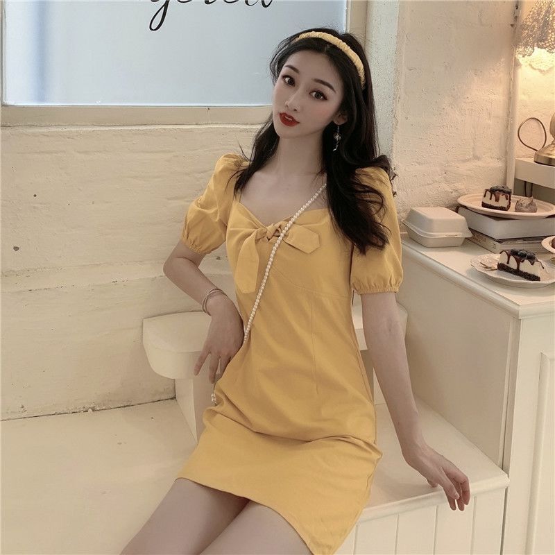 Women's Summer French Elegant Court Bubble Sleeve Short Sleeve Bowknot Square Neck Slim Short Dress