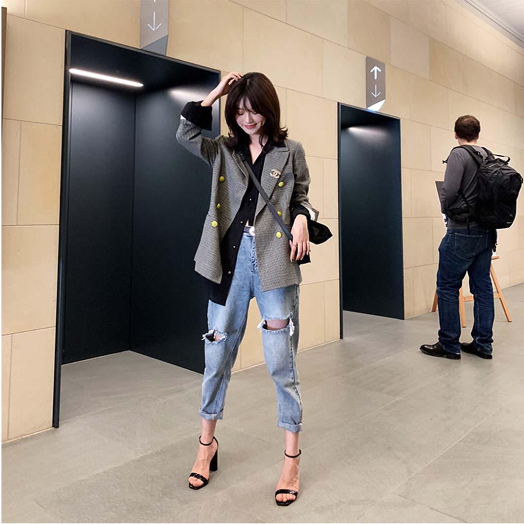 WTEMPO Hole Jeans Were Thin Female Loose Women Were Thin Straight Pants High Waist Nine Points Pants