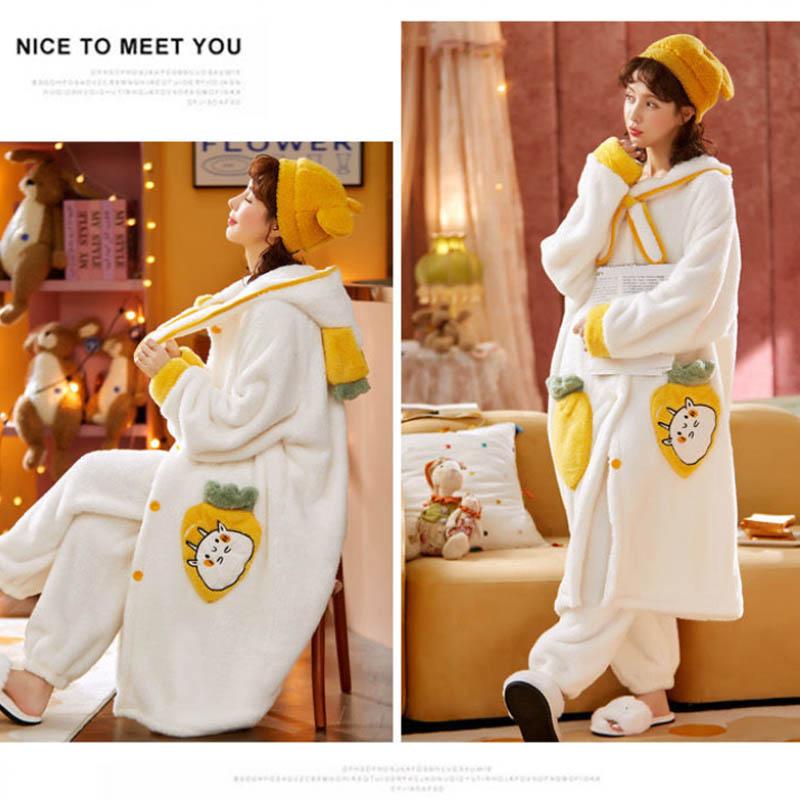 Christmas Pajamas Party Autumn and Winter Flannel Pajamas Ladies Cute Bathrobe Thickening Plus Velvet Coral Velvet Long Night Gown Home Service Suit