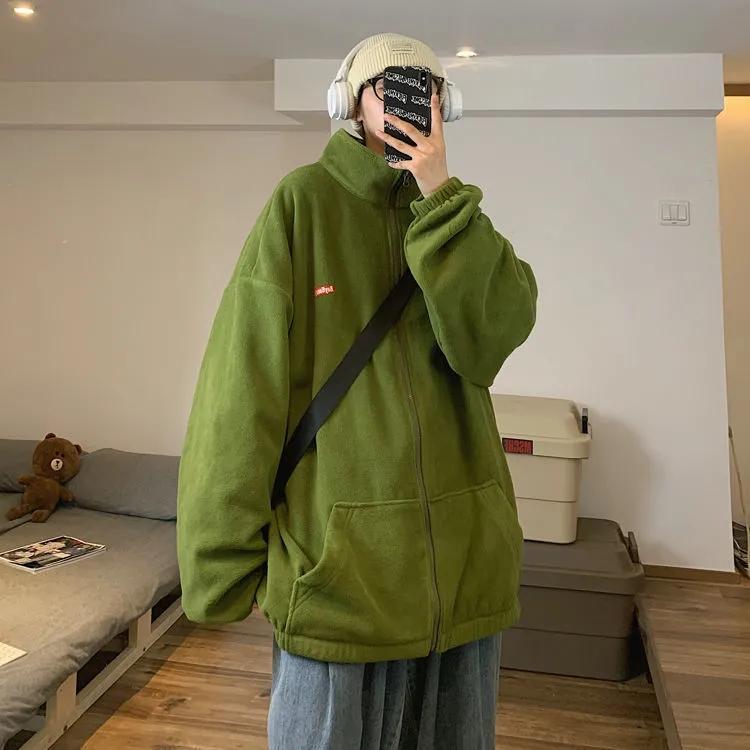 Women's Autumn and Winter Cardigan Sweater Ins Loose Korean BF Lazy Style Plus Velvet Thick Stand Collar Coat Unisex Warm Zipper Jacket