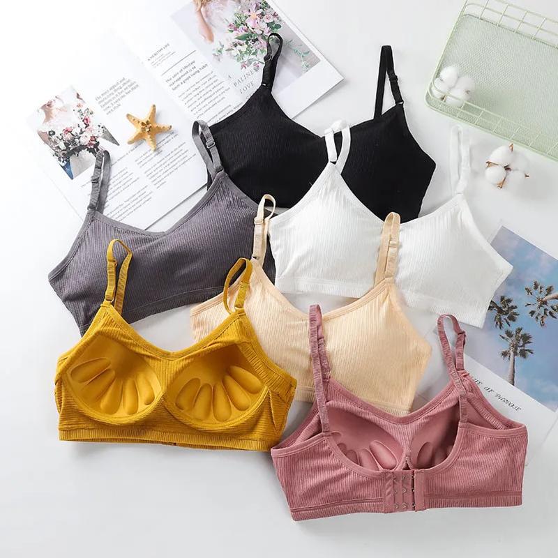 Women's Bra Gathered Underwear Thin Section Female Students Korean Version Camisole Tube Top Without Steel Ring Solid Stripes Briefs Breathable Bra
