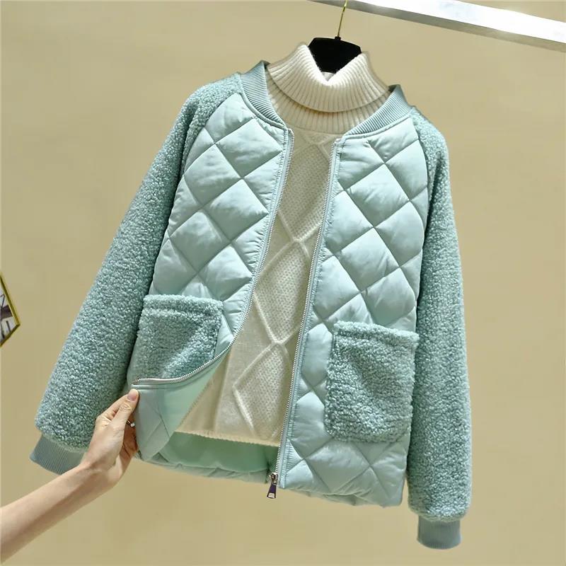 Women's Short Cotton Padded Jackets Large Size Loose Winter Lamb Wool Jackets Female Solid Color Casual Cotton Warm Coats