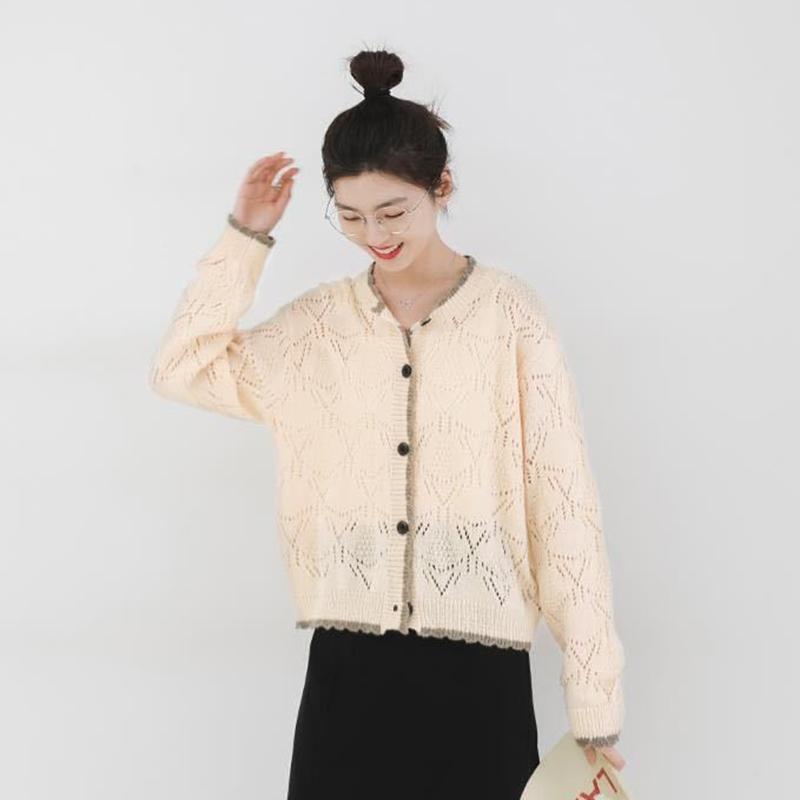 Spring  Autumn Long Sleeve Hollow Knitted Sweater Cardigan Jacket Loose Women's Casual Fashion Top Student