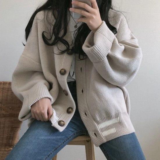 Trendy Knit Cardigan Sweater Women Loose V-neck Long-sleeved Shirt Cardigan Sweater Coat