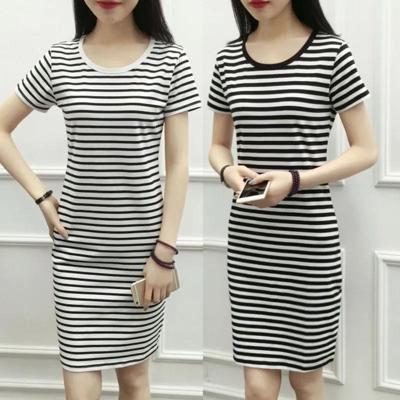 Ladies Mid-length Stripe Round Neck Slim Base Short Sleeve Loose and Casual Easy To Dry and Absorb Sweat Dress
