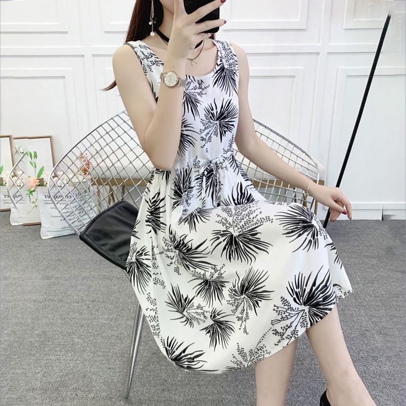 Mid-length Print  Women A-line Dress Summer Sleeveless Round Neck Elastic Waist Floral Large Size Skirt