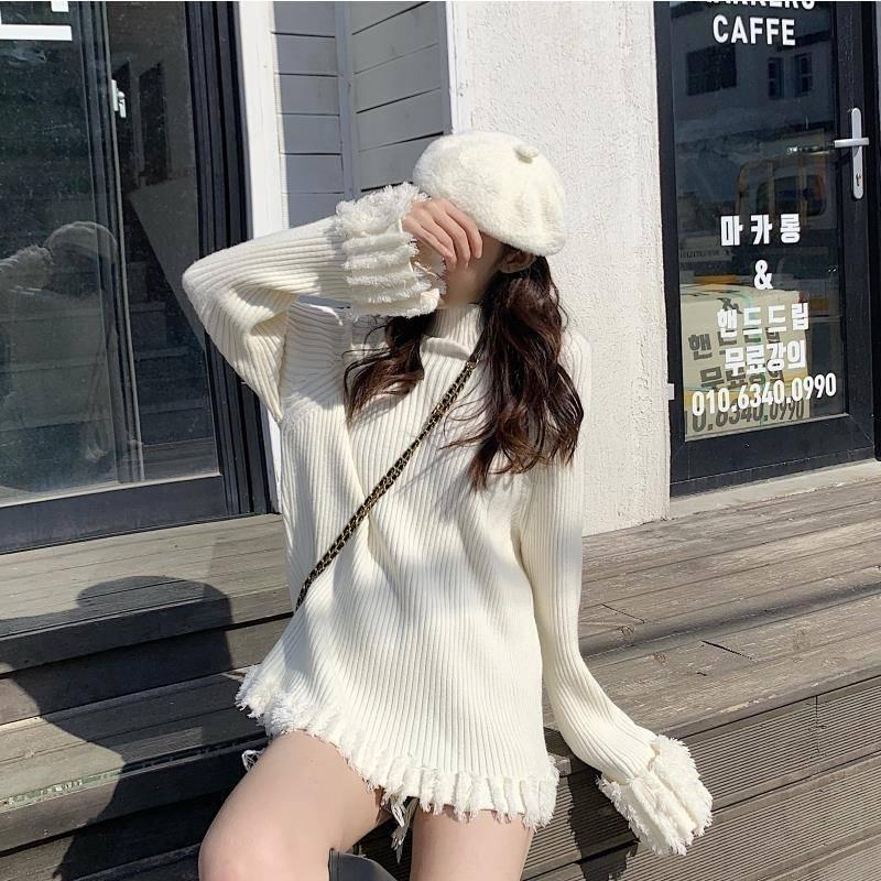 Pofulove Turtleneck Sweater Women Loose Students Long Thick Knit Velvet Bottoming Female Shirt