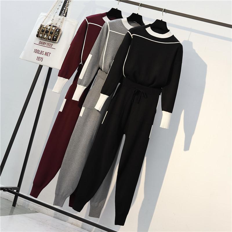 2pcs/set Knit 2 Piece Set Tracksuits Fall Winter Women Knit Pullover Sweater + Elastic Pants 2 Piece Set Sporting Suit Female