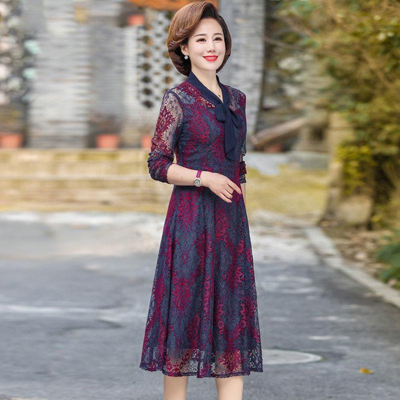 Spring Summer New Lace Dress Mid-length Over-the-knee Skirt Casual All-match Waist Waist Slim Long-sleeved Skirt