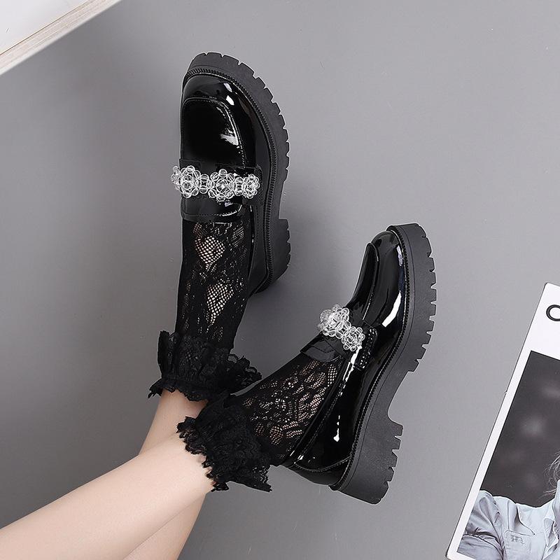 Thick-heeled Small Leather Shoes Round Toe Black Solid Color Loafers British Style Casual Shoes All-match Lazy Shoes