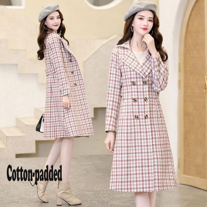 Women's Jackets & Coats Med-long Plaid Wool & Blends Coat Turn-down Collar Solid Cotton-padded Parka