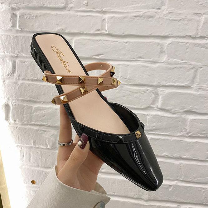 Office Ladies Summer Autumn Large Size Non-slip Baotou Slippers Women's Spring Solid Color Low Heel Rhinestones Single Shoes