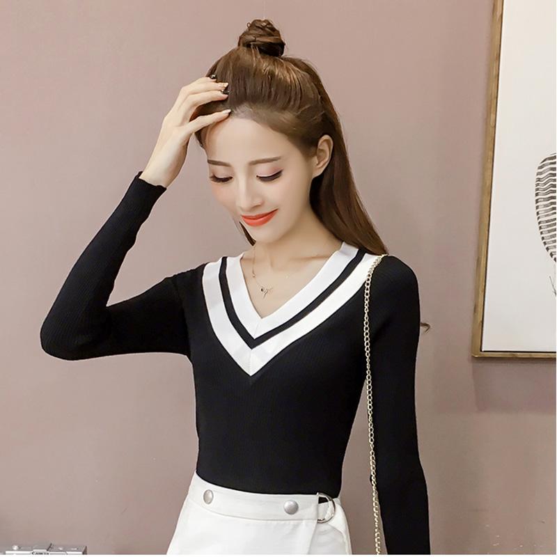 Autumn/winter Sweater Women Short Stitching V-neck Slim Slimming Long-sleeved Pullover Sweater Bottoming Shirt Women