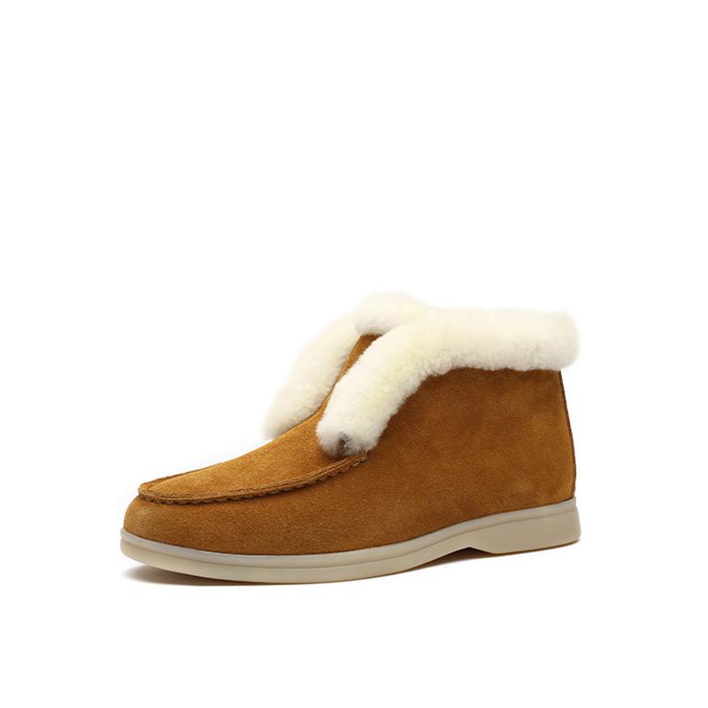 Women's Ankle Boots Mid-tube Flat Snow Boots Winter Warm Shoes Round Toe Suede Wool Blend Short Boots Low Heel Non-slip Solid Slip On Flat Shoes