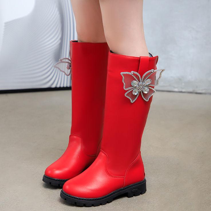 Children's Boots Autumn and Winter Girls' Plush Boots Large Size Solid Color Cartoon Butterfly Snow Boots