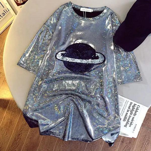 Women's Spring Sequins Embroidery Short-Sleeve T-Shirt Female Summer Large Size Loose Casual Tops
