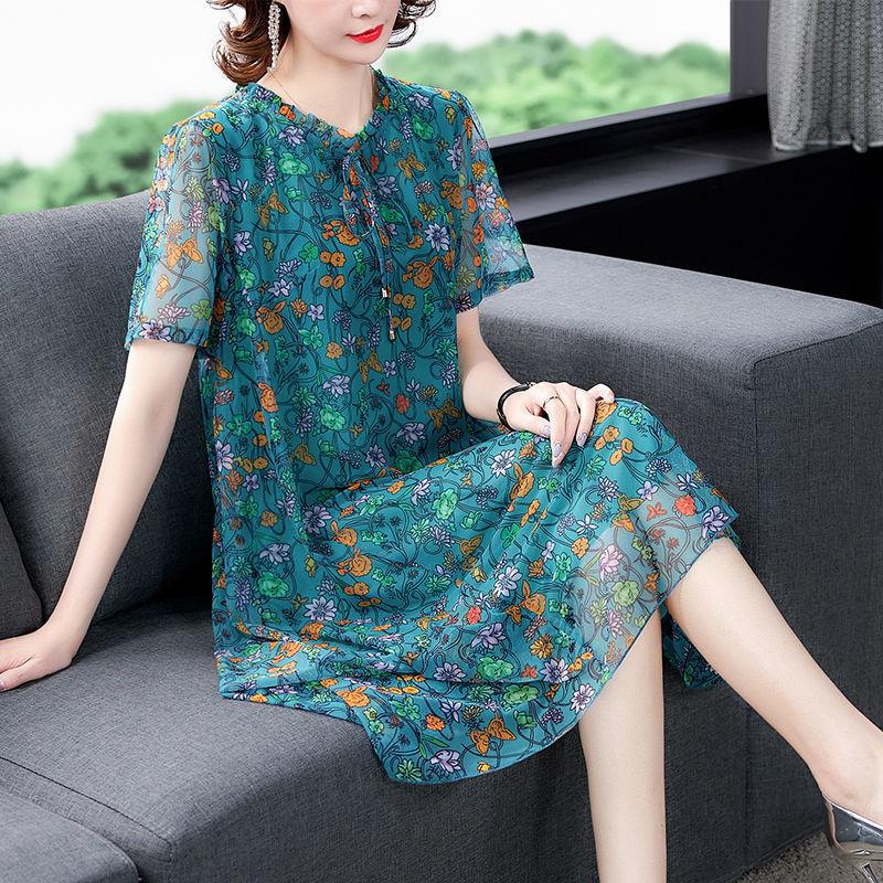 Chiffon Floral  Dress L-XXXXXL Women's Summer Veil Short Sleeve Round Neck Lightweight and Breathable