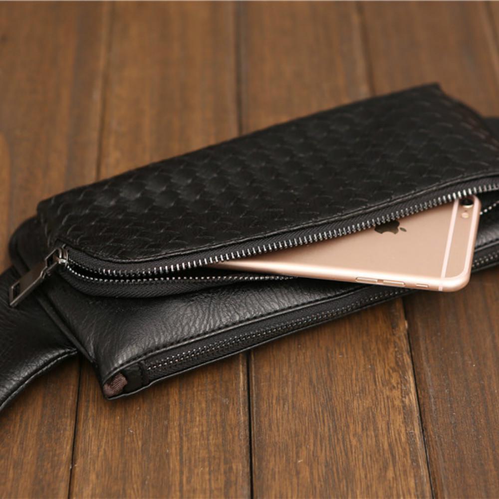 Casual Waist Bag Men Black Woven Chest Bag Mobile Phone Bag Outdoor Sports Shoulder Bag
