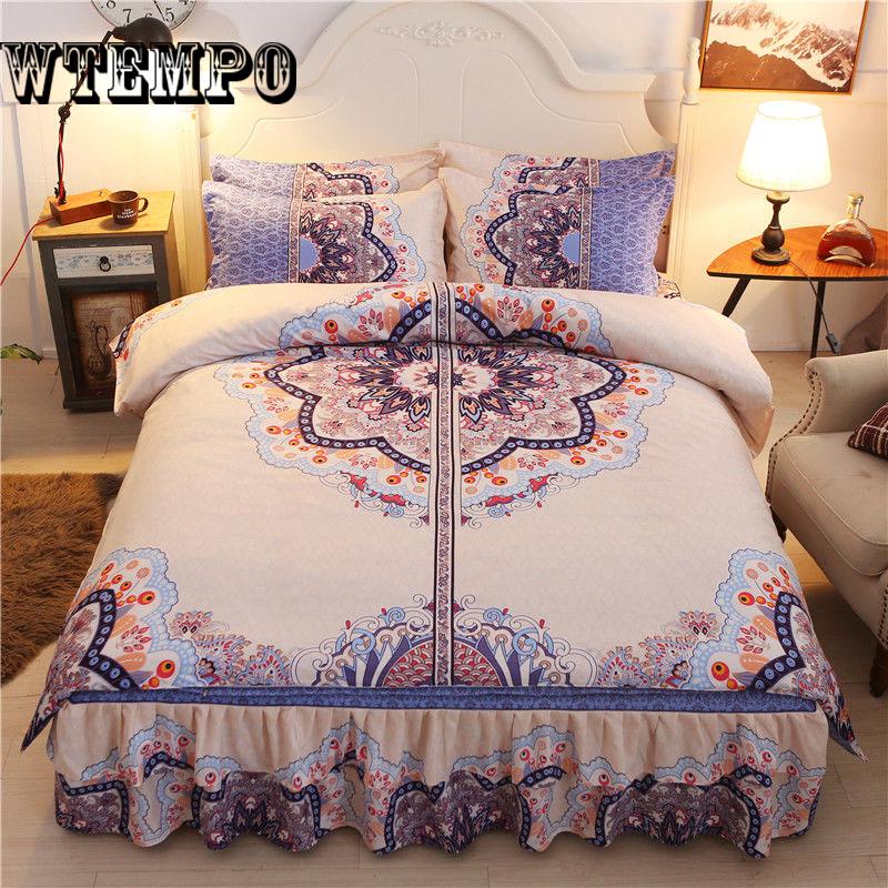 Luxury Cotton Fleece Fabric Thick Bed Skirt Bedding Set Lace Edge Bedspread Pillowcases