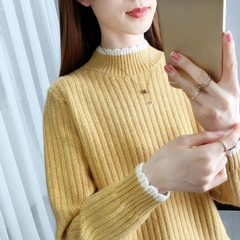 Half Turtleneck Thickened Pullover Sweater Women Fashion Splicing Short Long Sleeve Sweater