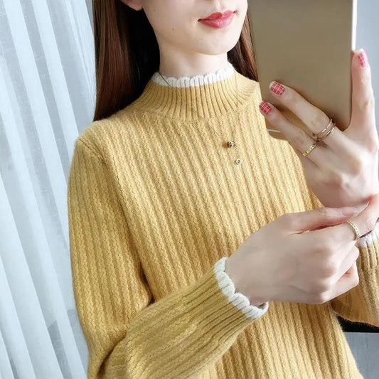 Half Turtleneck Thickened Pullover Sweater Women Fashion Splicing Short Long Sleeve Sweater