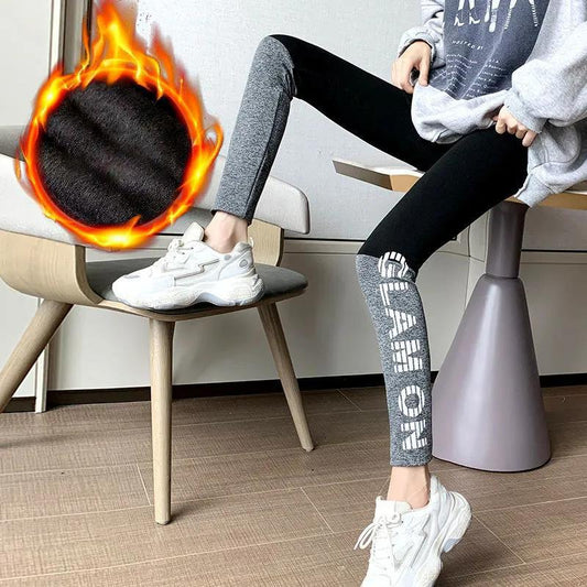 Plus Velvet High Waist Stitching Contrast Color Leggings Women Wear All-match Thin Elastic Feet Pants