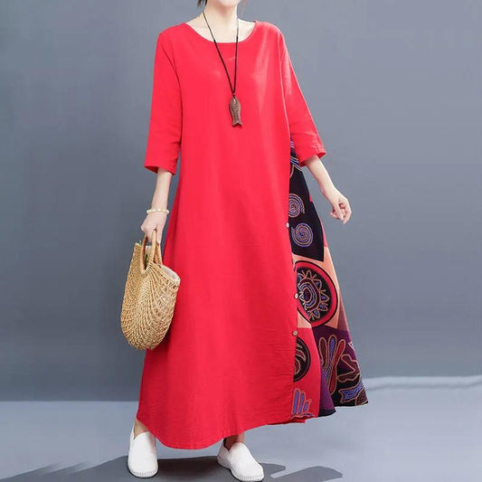 Retro Women 3/4 Sleeve Long Solid Dress Vintage Casual O Neck Swing Dresses Robes Maxi Dress Plus Size
