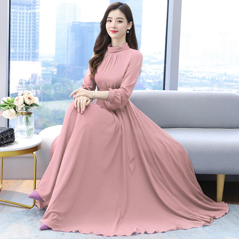 Chiffon Long Sleeve Dress for Women Spring Autumn Large Size Pure Color Fairy Temperament Over The Knee Beach Large Swing Dress Women
