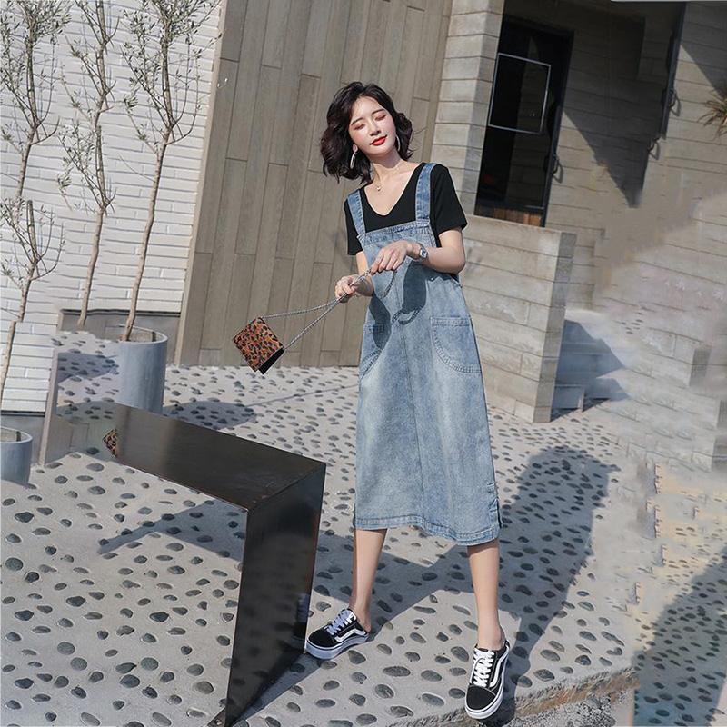 Denim Suspender Skirt Spring Summer Loose Over The Knee Mid-length Suspender Dress Thin