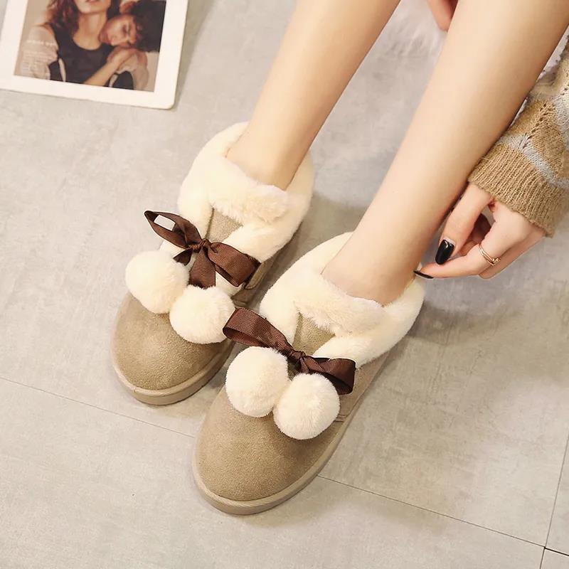Snow Boots Women's Sleeve Short Boots Bow Hairy Shoes Bread Shoes Plus Velvet Cotton Shoes Autumn and Winter Women's Shoes