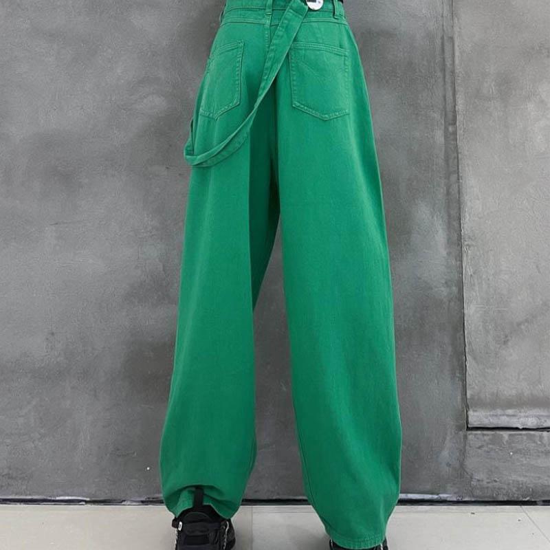 Personality Hip Hop Spring Qiu Pants High Waist Wide Leg Pants Straight Green Jeans Women's Shoulder Green Strap Trousers Female