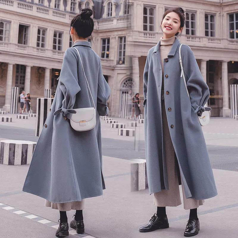 Woolen Coat Women's Mid-length Autumn and Winter Korean Style Loose Hepburn Style Woolen Coat