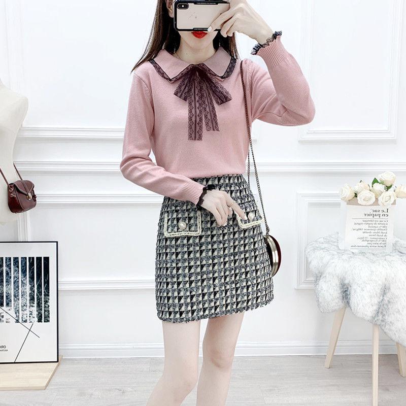 Autumn and Winter Sweet Sweater Suit Women's Bowknot Lapel Sweater Top and High Waist Short Plaid Woolen Skirt Two-piece Suit