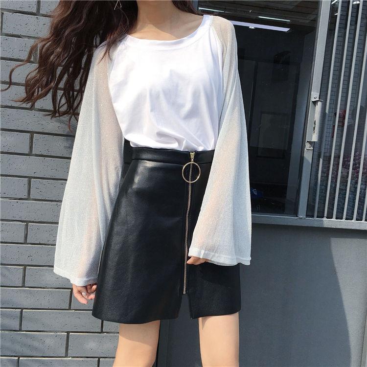 Net Yarn Sleeve Womens Loose Thin Flared Sleeves Tops Blouse Casual Round Collar Pullover T-Shirt